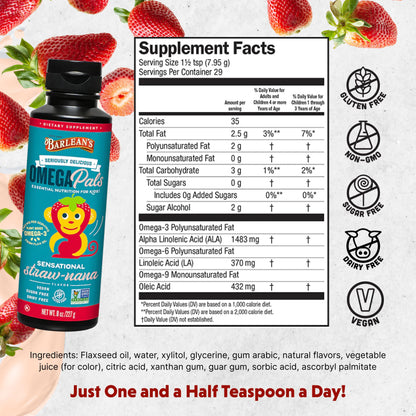 Barlean's Omega Pals Kids – Straw-Nana Flavored Omega-3 Flax Oil, 8 oz