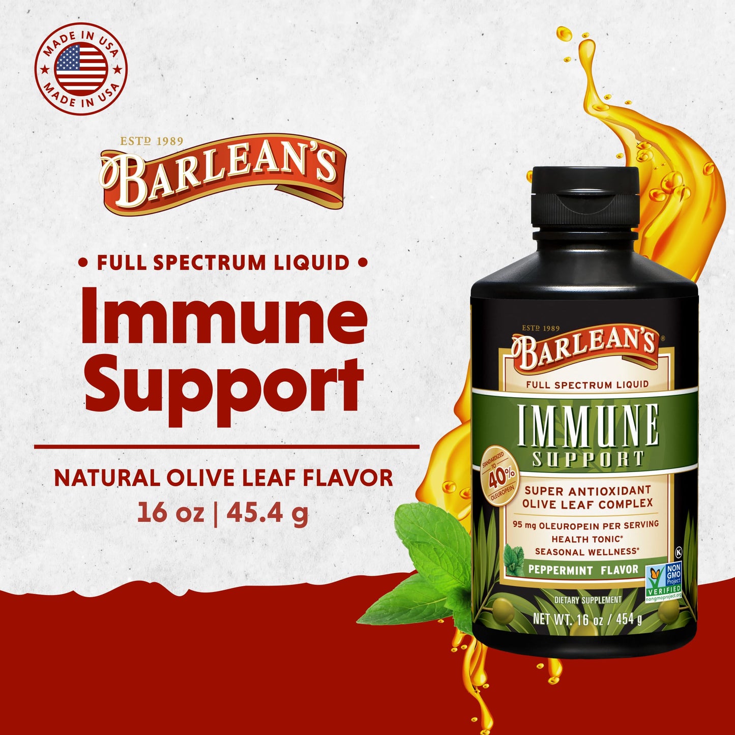 Barlean's Peppermint Olive Leaf Complex — Liquid Immune Support (95 mg Oleuropein)