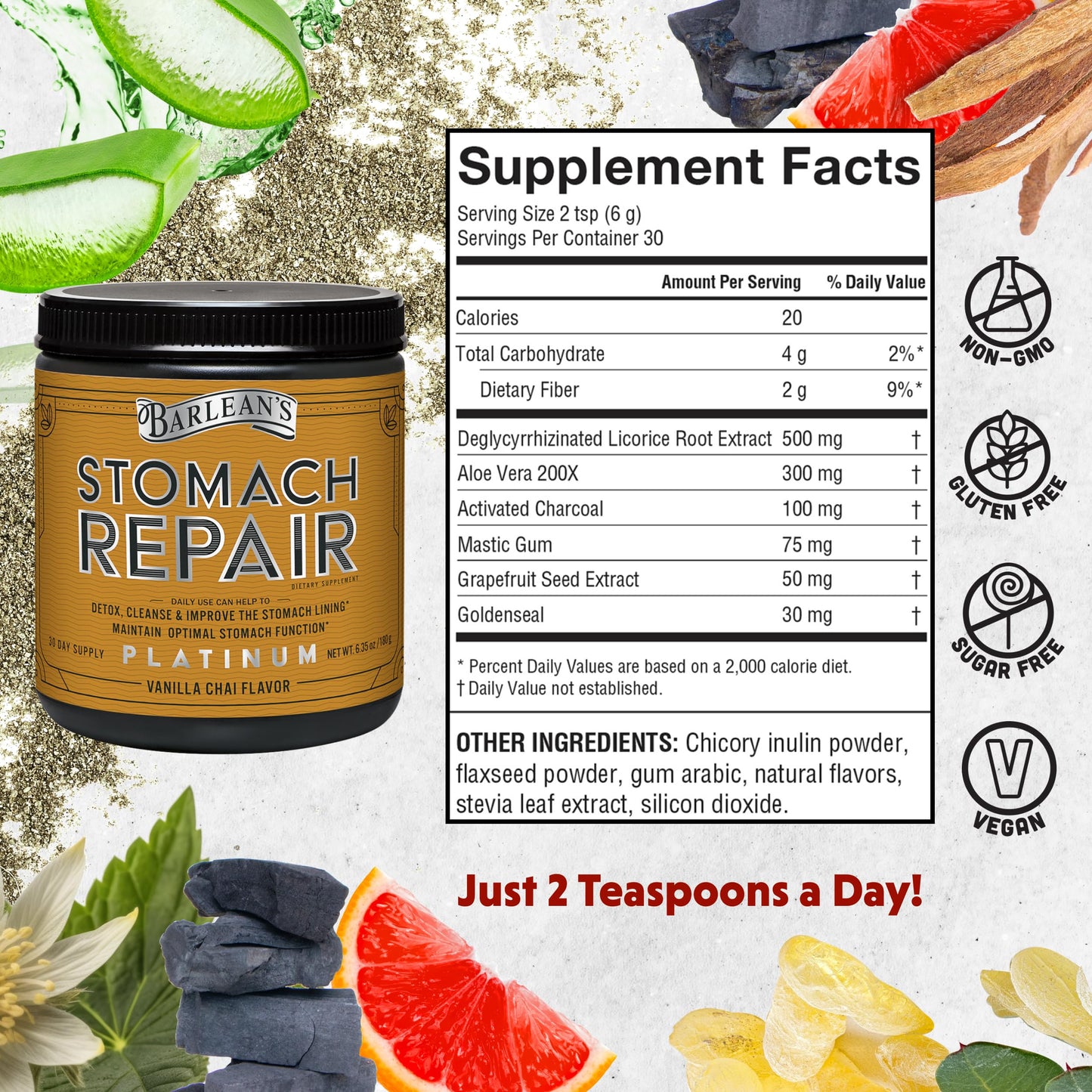 Barlean's Stomach Repair Gut Health Powder – Detox & Digestive Support (Vanilla Chai, 6.35 oz)