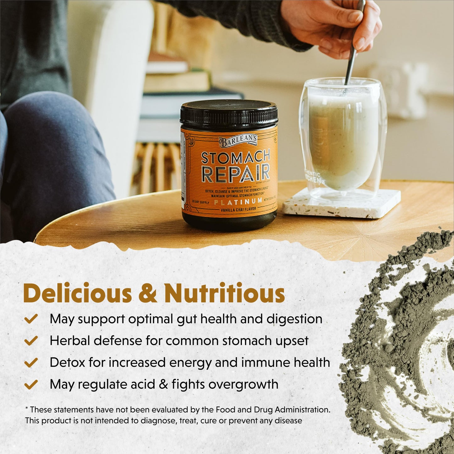 Barlean's Stomach Repair Gut Health Powder – Detox & Digestive Support (Vanilla Chai, 6.35 oz)