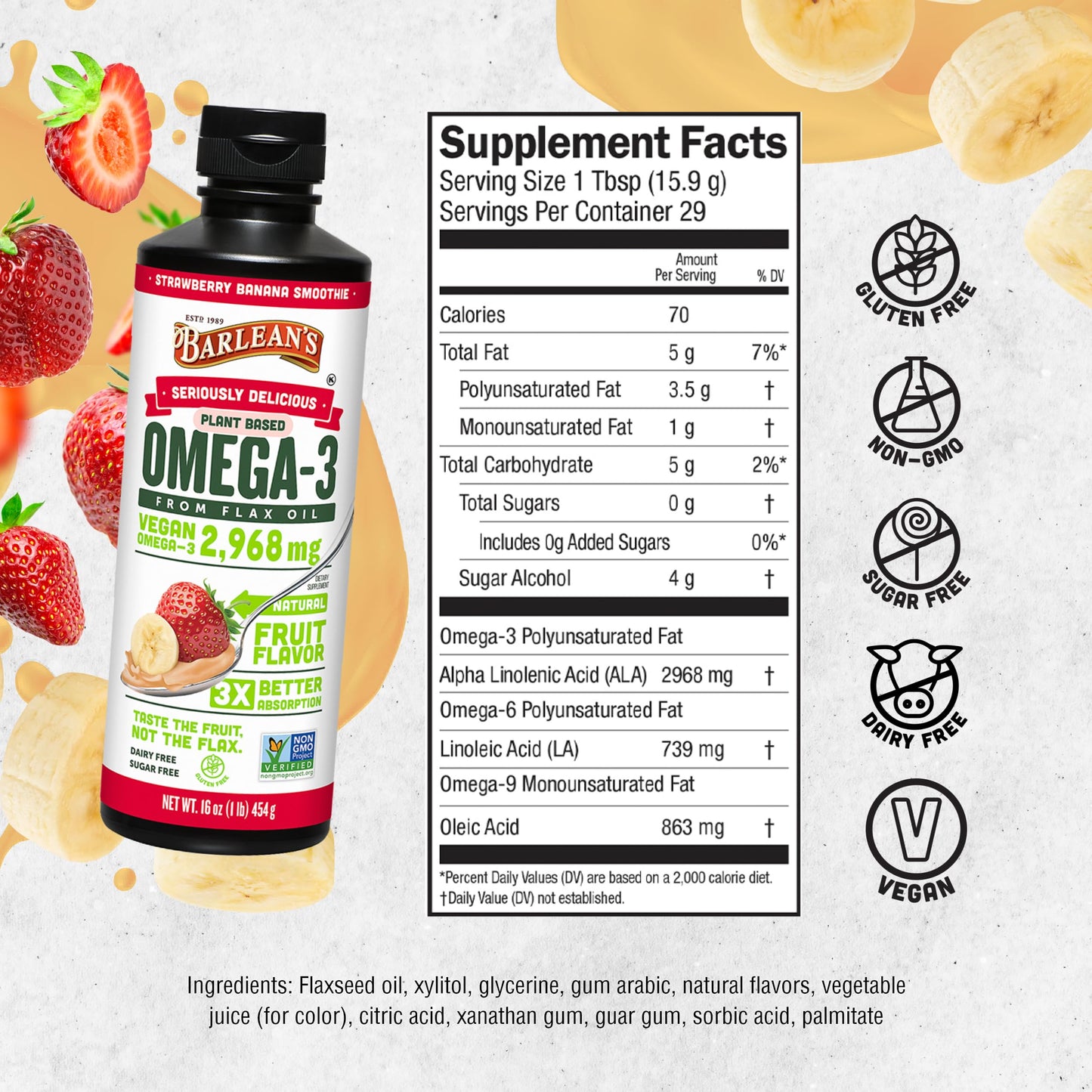 Barlean's Strawberry Banana Flaxseed Oil Liquid – Vegan Omega-3-6-9, 2,968 mg, Non-GMO, Gluten Free, 8 oz