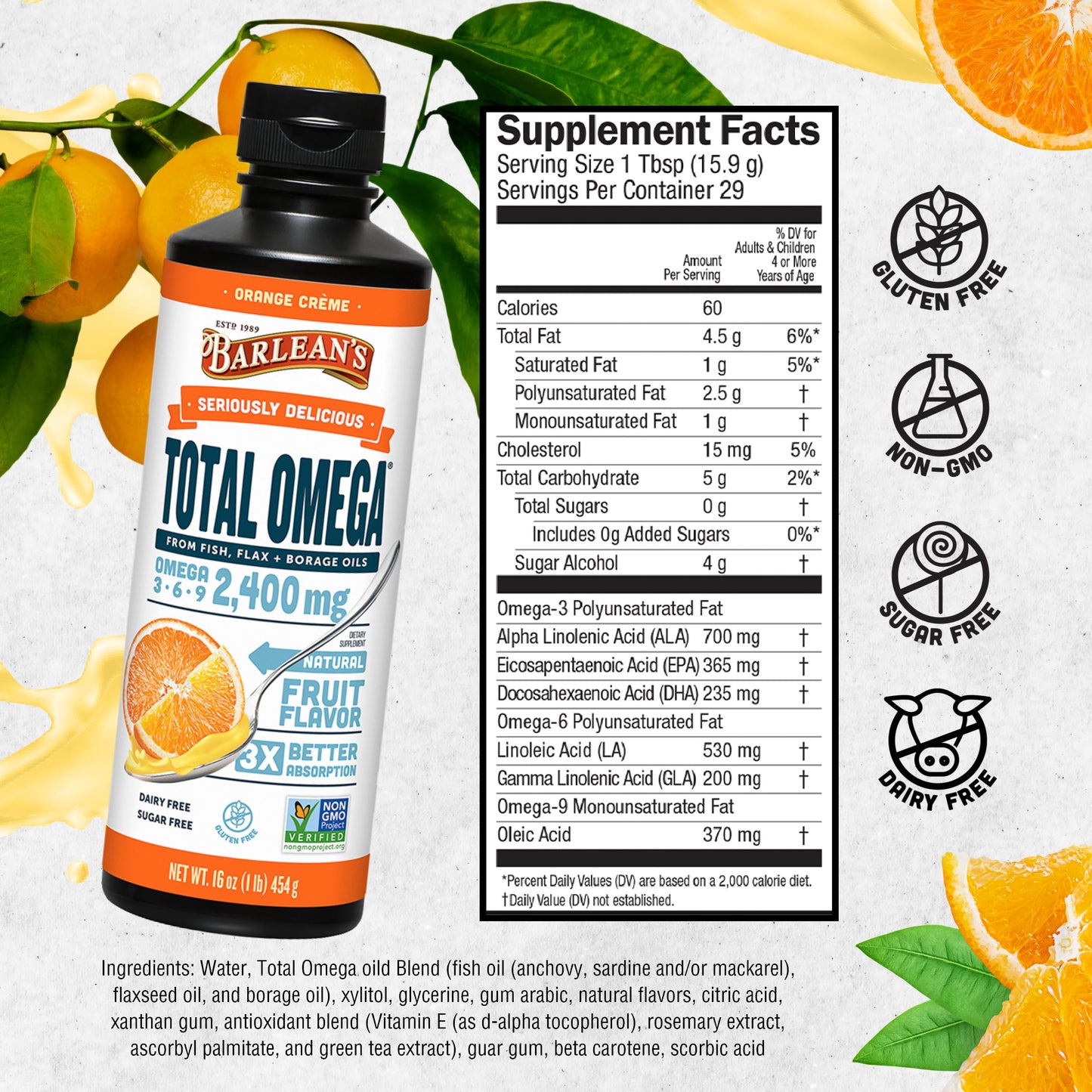 Barlean's Total Omega 3 6 9 Liquid – Orange Crème, 2,400 mg Omegas per Serving, 16 oz