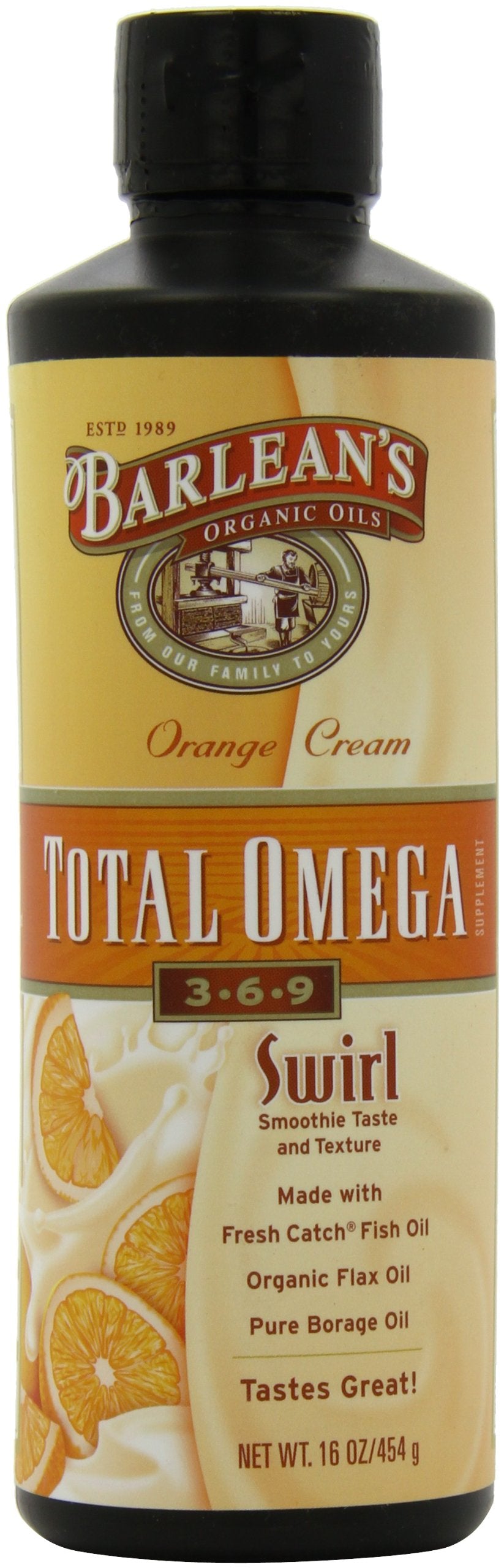 Barlean's Total Omega 3 6 9 Liquid – Orange Crème, 2,400 mg Omegas per Serving, 16 oz