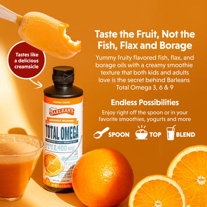 Barlean's Total Omega 3 6 9 Liquid – Orange Crème, 2,400 mg Omegas per Serving, 16 oz
