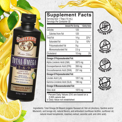 Barlean's Total Omega 3 6 9 Liquid – Lemon Flavor, 16 oz | 6,468 mg Omegas