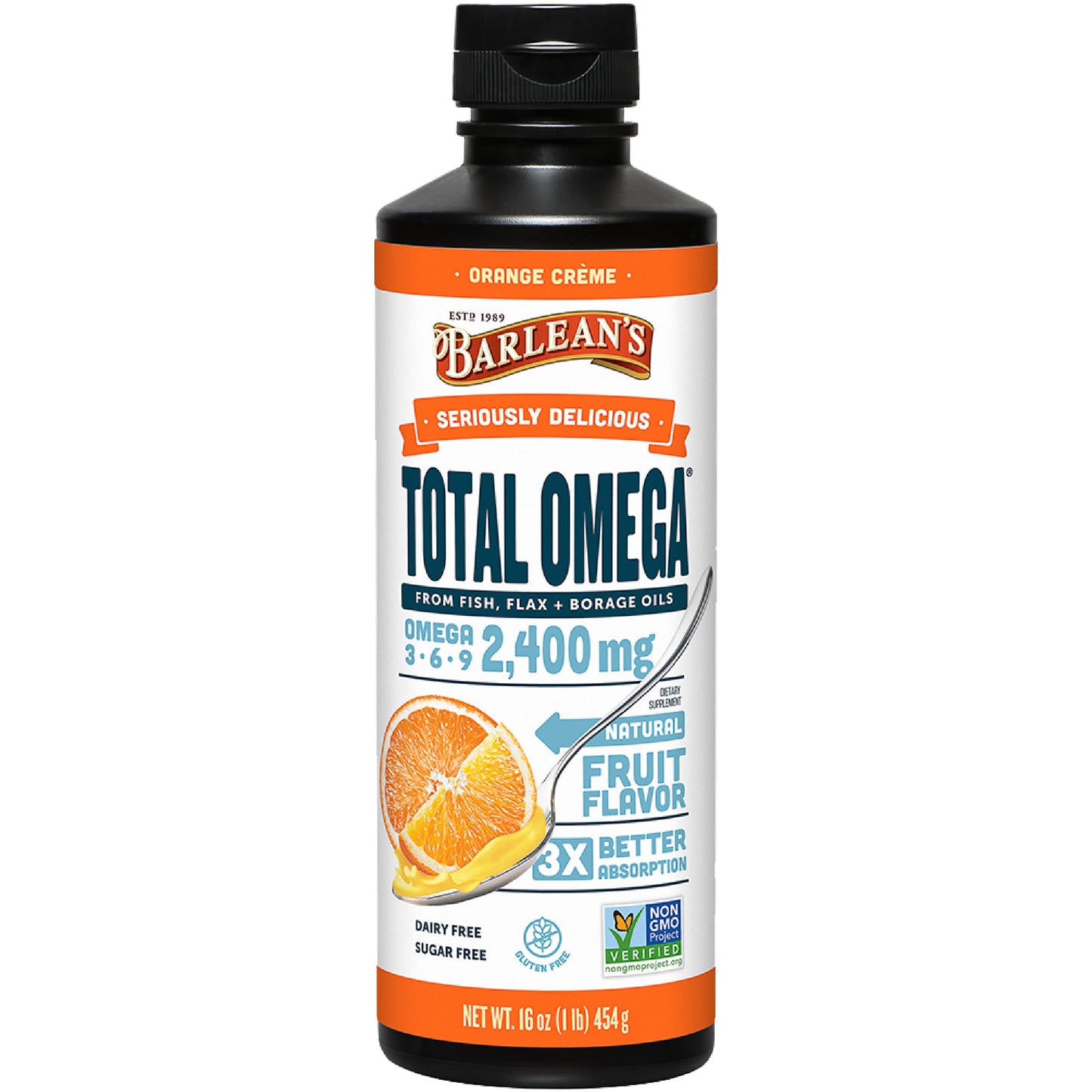 Barlean's Total Omega 3 6 9 Liquid – Orange Crème, 2,400 mg Omegas per Serving, 16 oz