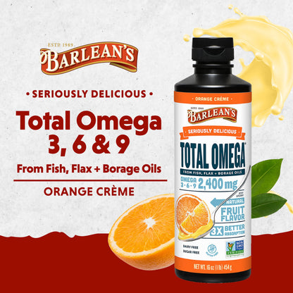 Barlean's Total Omega 3 6 9 Liquid – Orange Crème, 2,400 mg Omegas per Serving, 16 oz