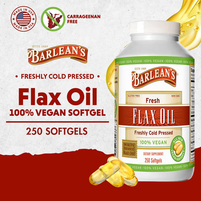 Barlean's Vegan Flaxseed Oil Softgels – 1650 mg ALA, Cold-Pressed, 250 Count
