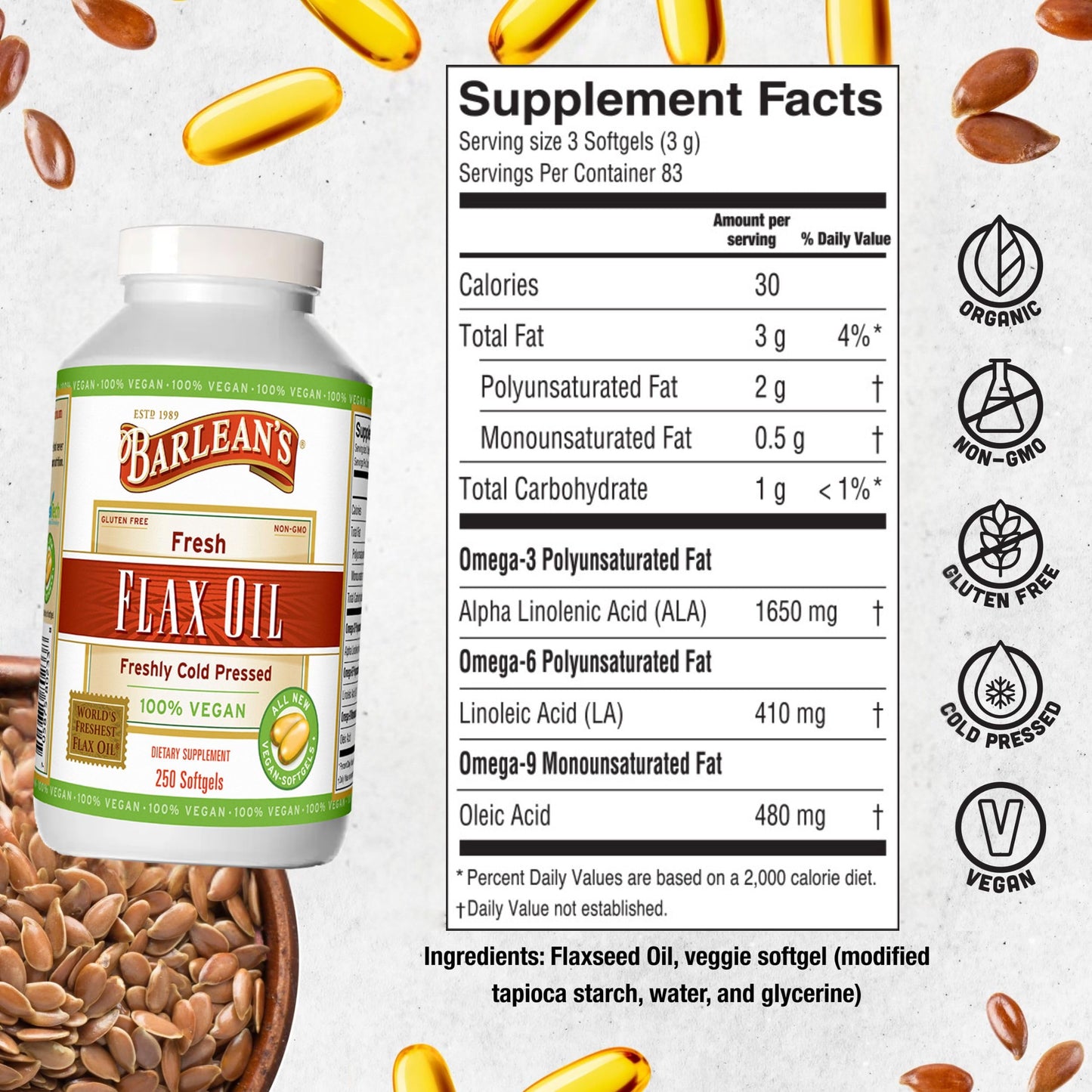 Barlean's Vegan Flaxseed Oil Softgels – 1650 mg ALA, Cold-Pressed, 250 Count