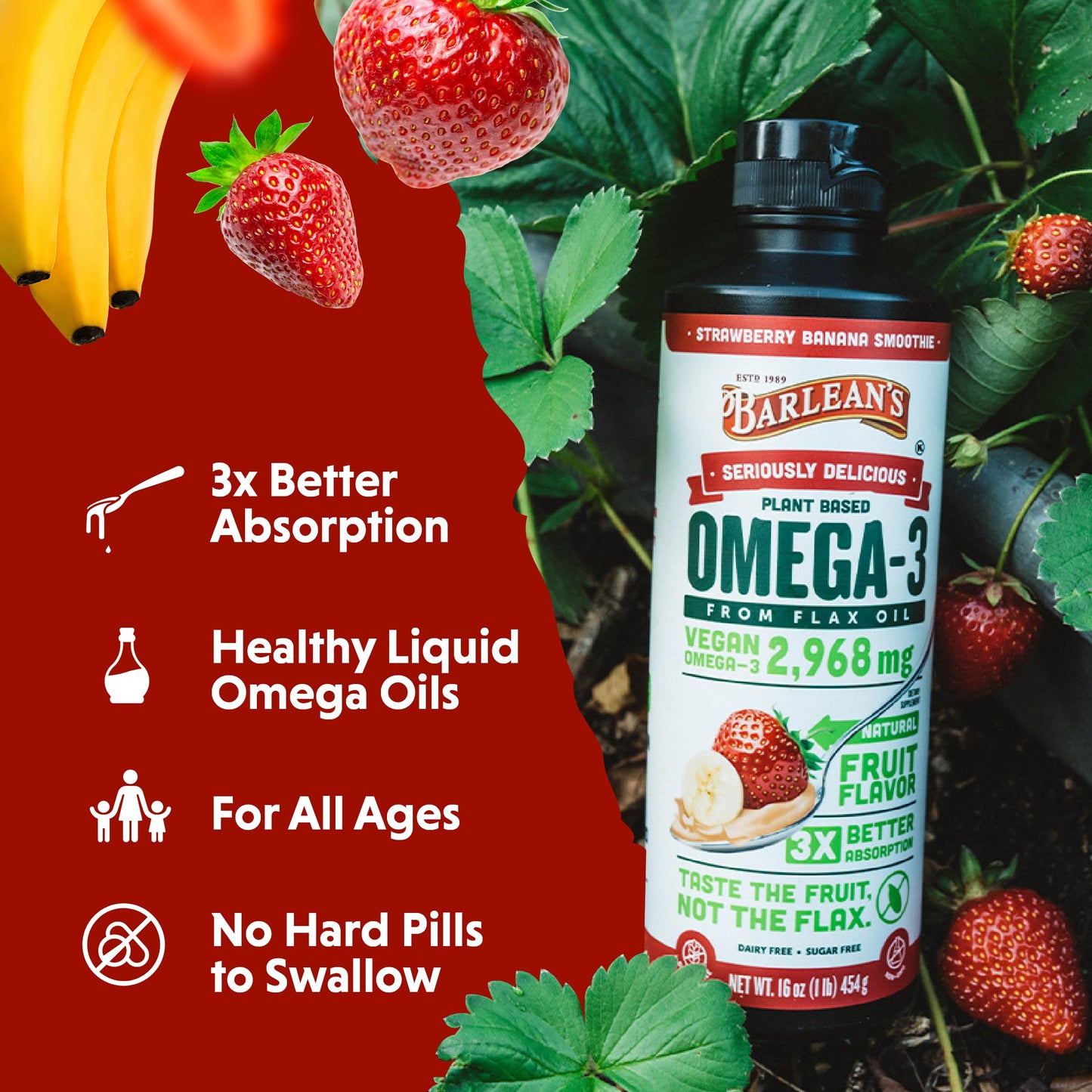 Barlean's Strawberry Banana Flaxseed Oil Liquid – Vegan Omega-3-6-9, 2,968 mg, Non-GMO, Gluten Free, 8 oz