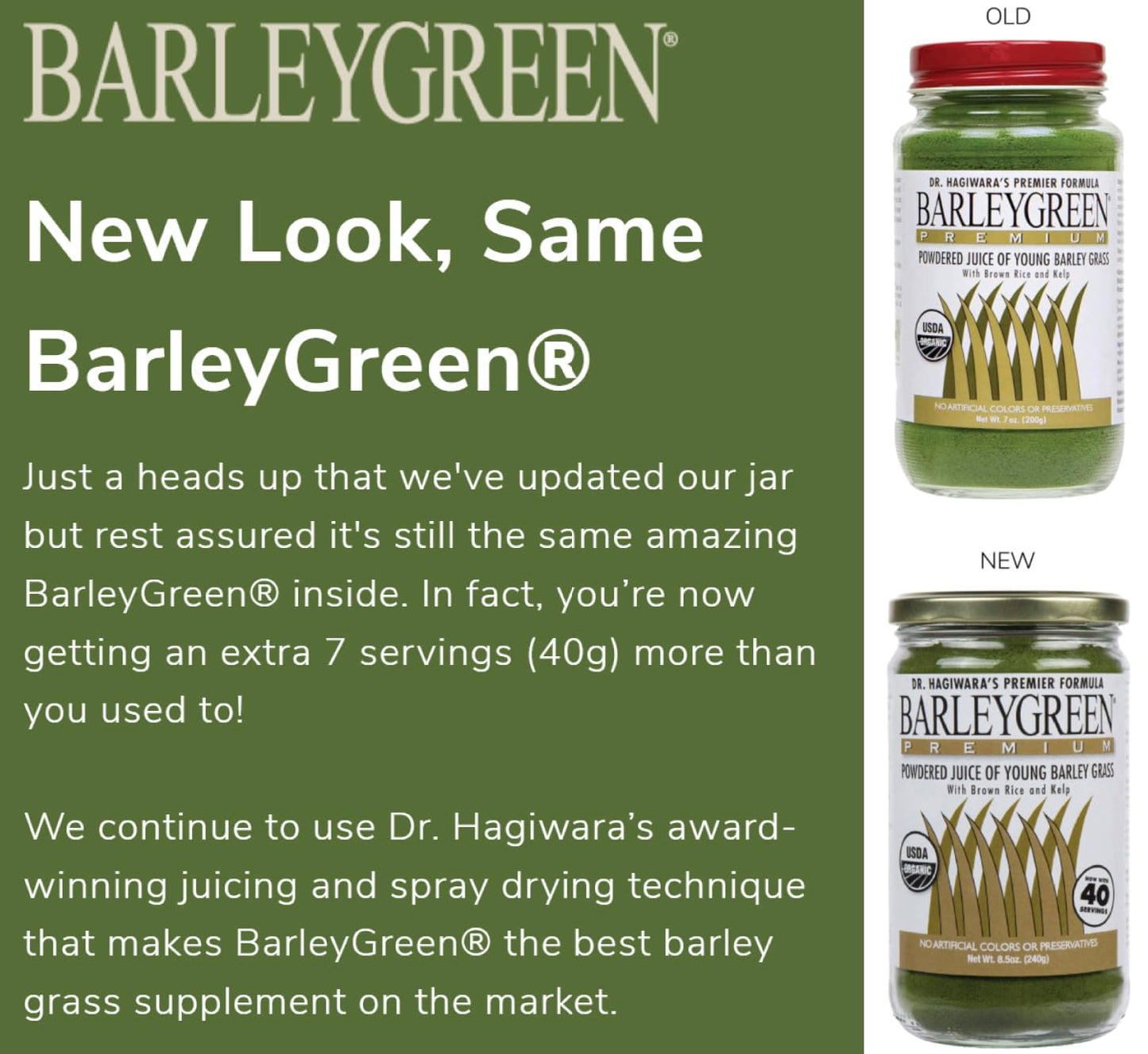 BARLEYGREEN Dr. Hagiwara's Original Premium with Kelp – Organic Barley Grass Juice Powder, 8.5 oz (240 g), 40 Servings