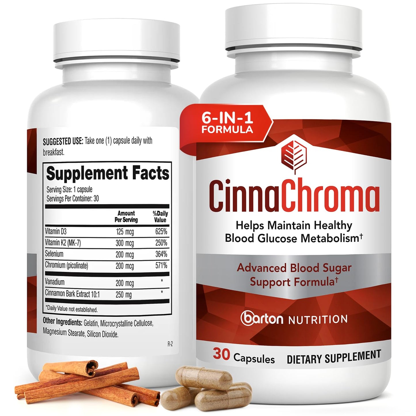 CinnaChroma Capsules by Barton Nutrition – Cinnamon 10:1 Extract + Chromium, D3 & K2 | 30 Capsules