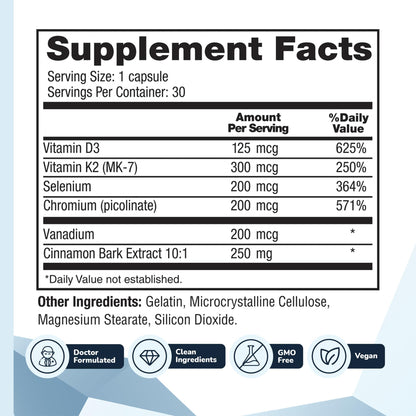 CinnaChroma Capsules by Barton Nutrition – Cinnamon 10:1 Extract + Chromium, D3 & K2 | 30 Capsules