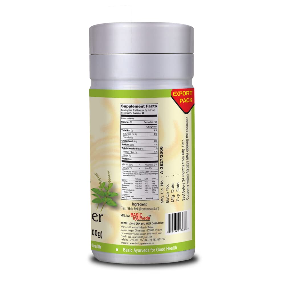 BASIC AYURVEDA Tulsi Powder – Pure Holy Basil Leaf Powder, 100g | Gluten-Free, Non-GMO