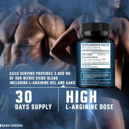 BASIC GREENS L-Arginine 3000mg – Vegan Nitric Oxide Booster for Endurance & Energy | 180 Capsules