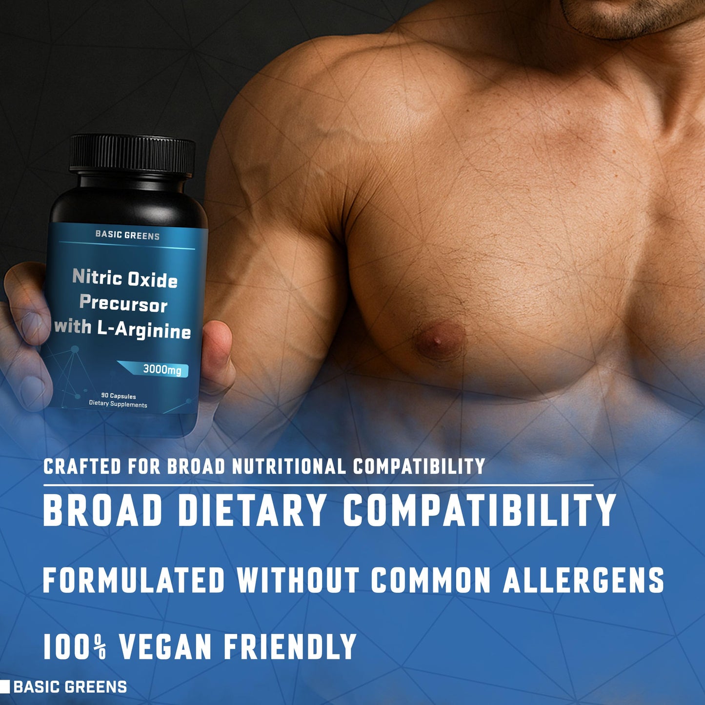 BASIC GREENS L-Arginine 3000mg – Vegan Nitric Oxide Booster for Endurance & Energy | 180 Capsules