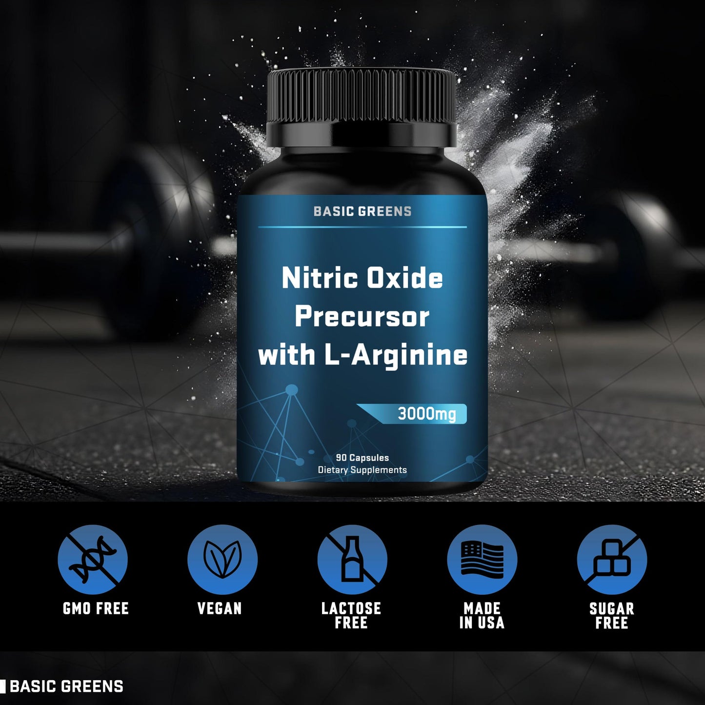 BASIC GREENS L-Arginine 3000mg – Vegan Nitric Oxide Booster for Endurance & Energy | 180 Capsules