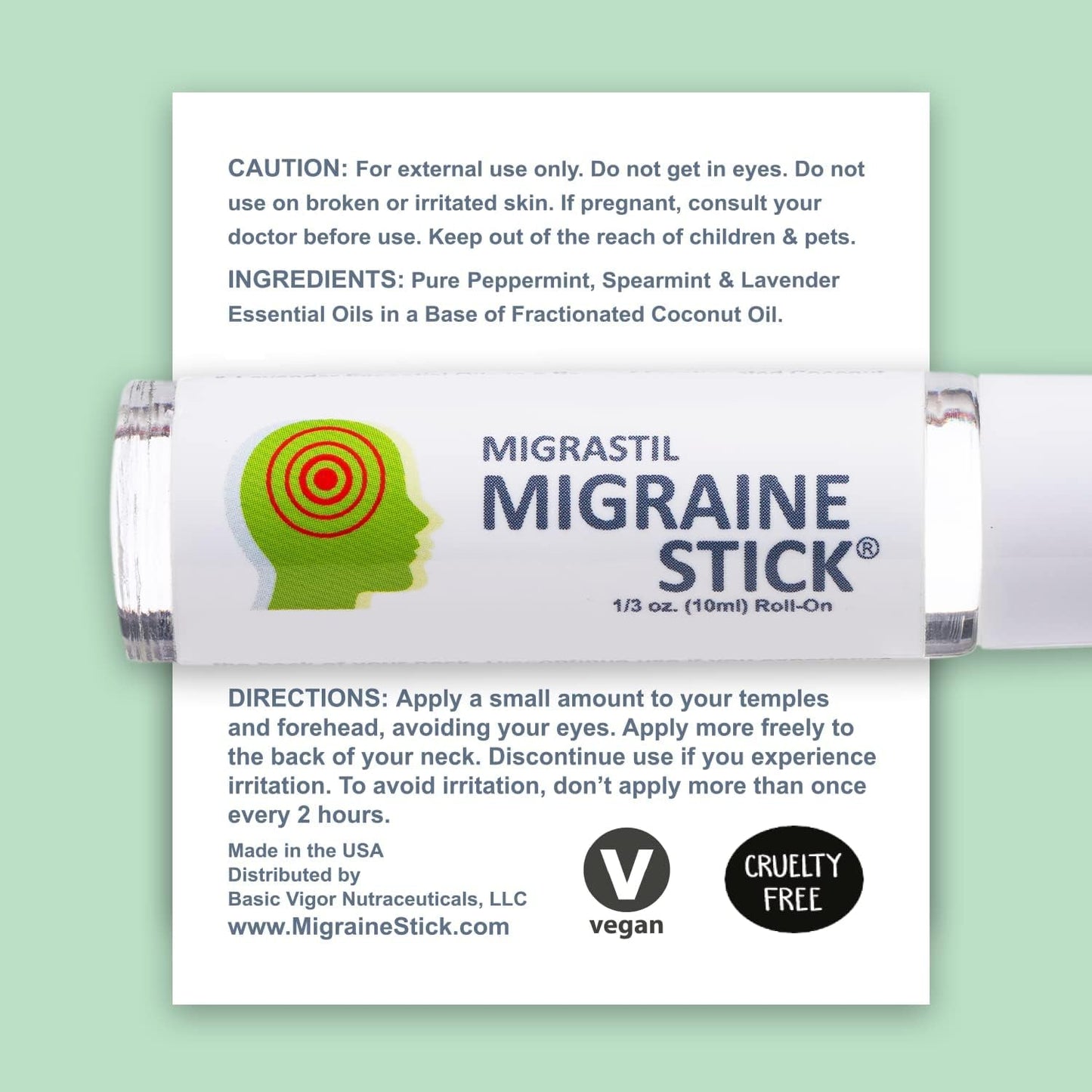 Basic Vigor Migrastil Migraine Stick Roll-on – Fast Cooling Headache Relief | Peppermint, Lavender Oils, Metal Roller, Made in USA