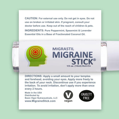 Basic Vigor Migrastil Migraine Stick Roll-on – Fast Cooling Headache Relief | Peppermint, Lavender Oils, Metal Roller, Made in USA