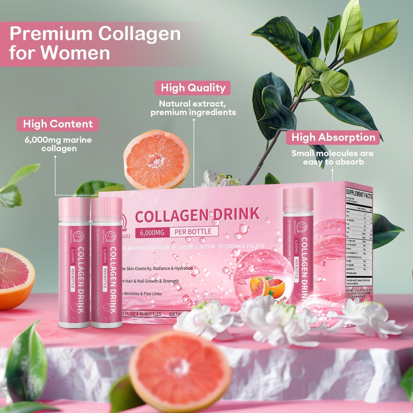 BBEEAAUU Collagen Drink 6000 mg Marine Collagen – Liquid Shots for Skin, Hair & Nails