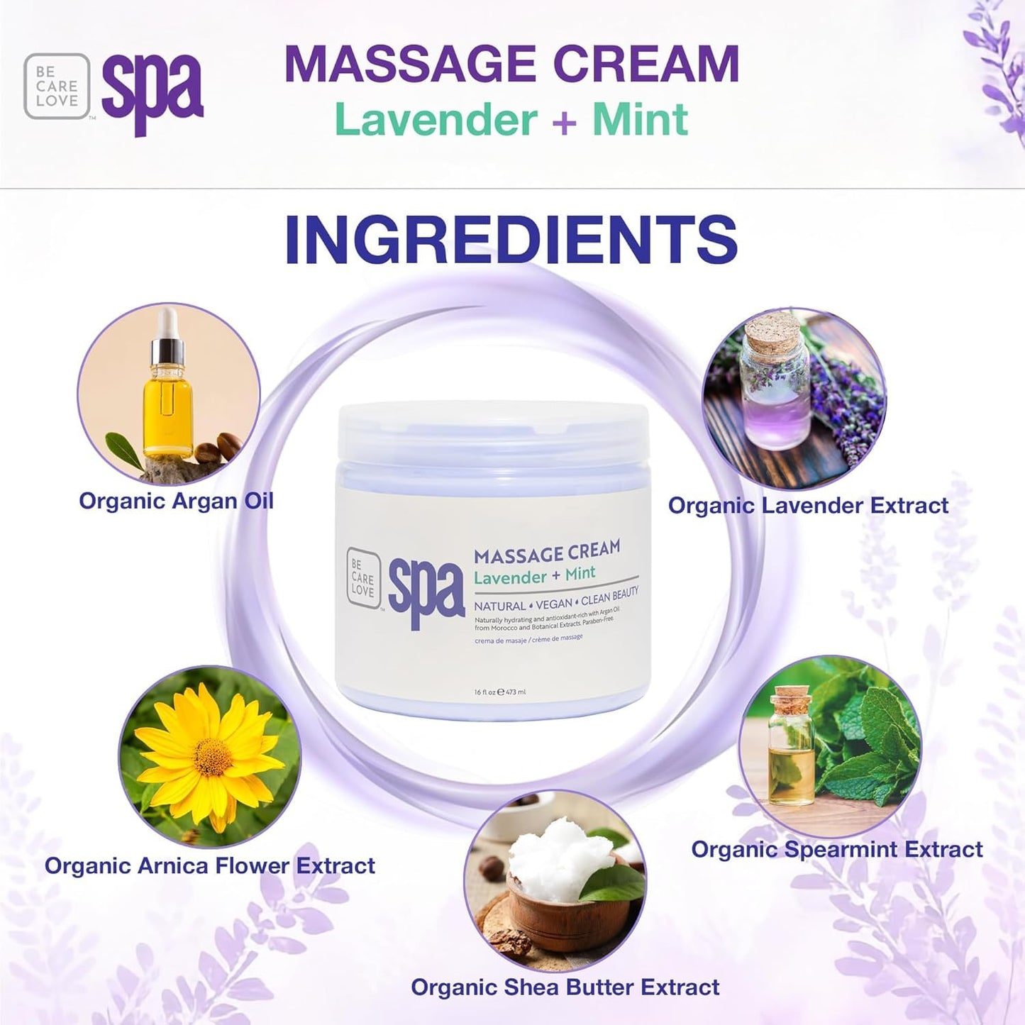 BCL SPA Massage Cream - Organic Lavender & Mint Body Lotion | 16 oz | Home & Pro Use