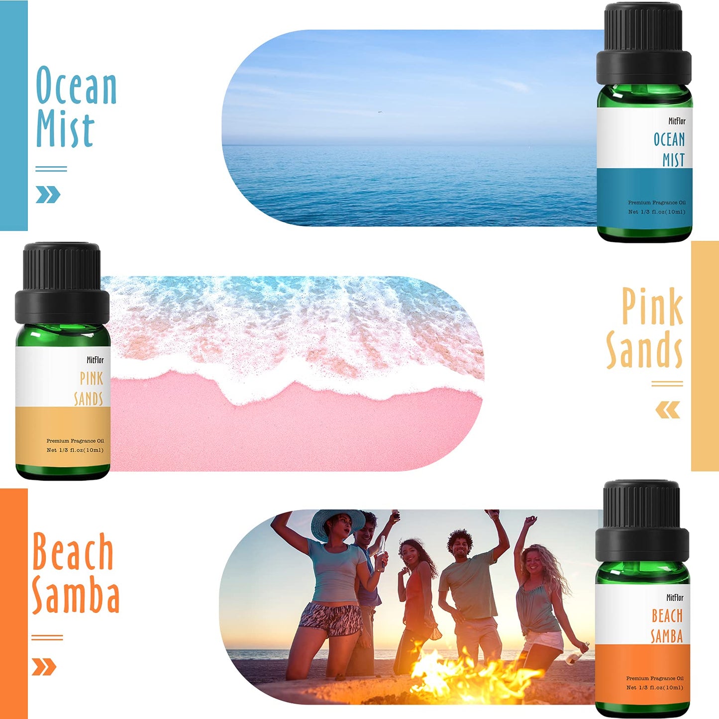 Beach Fragrance Oils by MitFlor – 6x10 ml Diffuser & Candle Oils