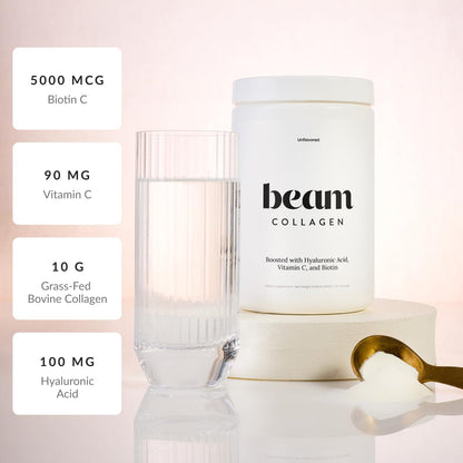 Beam Collagen Powder for Women with Hyaluronic Acid & Biotin – Grass-Fed, 60 Servings