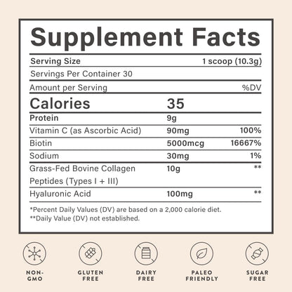 Beam Collagen Powder for Women with Hyaluronic Acid & Biotin – Grass-Fed, 60 Servings