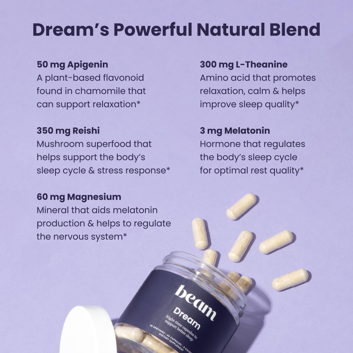 Beam Dream Sleep Capsules – Natural Sleep Aid with Magnesium, Melatonin & L-Theanine | 30 Servings