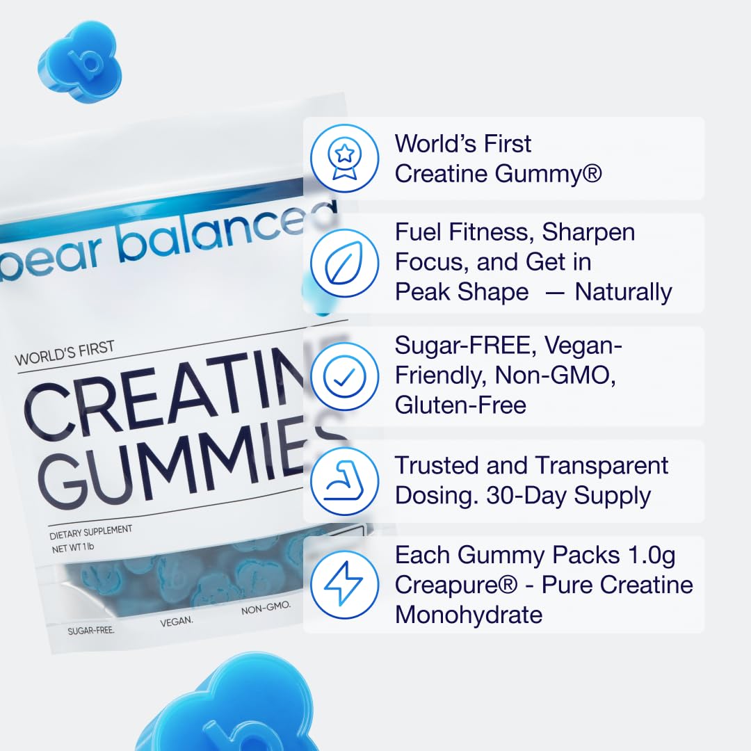 Bear Balanced Creatine Gummies – Creapure Creatine Monohydrate, L-Theanine, L-Tyrosine & B12 for Muscle, Focus & Energy | Sugar-Free, Low Calorie, Vegan