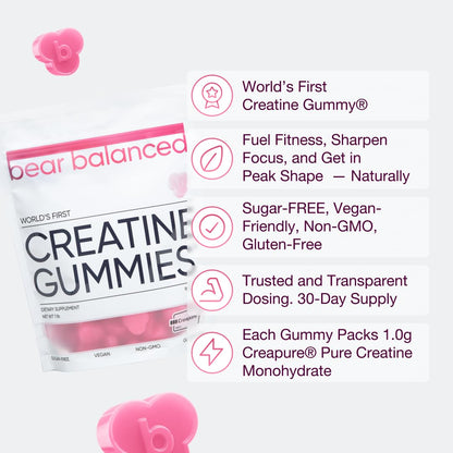 Bear Balanced Creatine Gummies with Creapure Monohydrate, L-Theanine & B12 – Focus, Energy & Strength (Vegan, Sugar-Free, Low-Calorie)