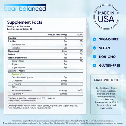 Bear Balanced Creatine Gummies – Creapure Creatine Monohydrate, L-Theanine, L-Tyrosine & B12 for Muscle, Focus & Energy | Sugar-Free, Low Calorie, Vegan