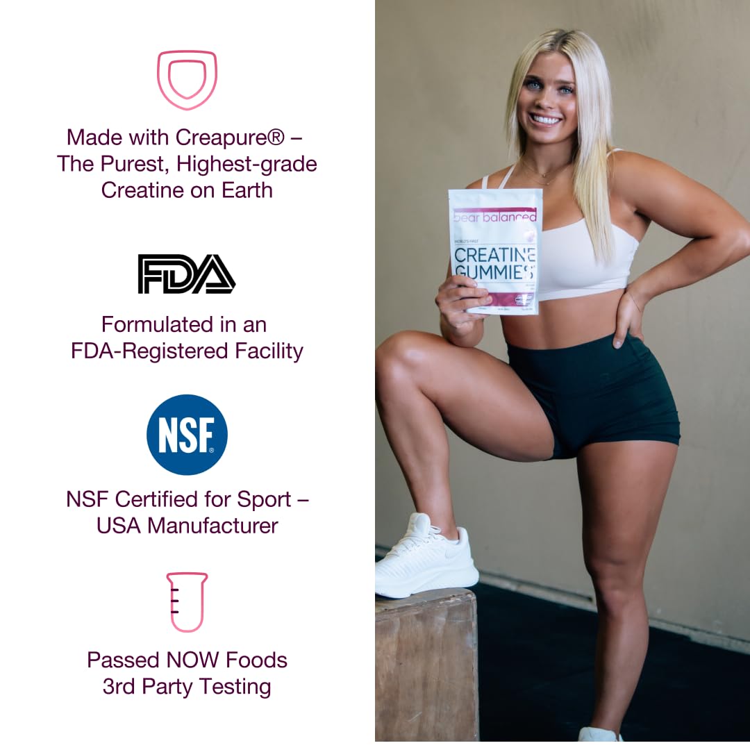 Bear Balanced Creatine Gummies with Creapure Monohydrate, L-Theanine & B12 – Focus, Energy & Strength (Vegan, Sugar-Free, Low-Calorie)