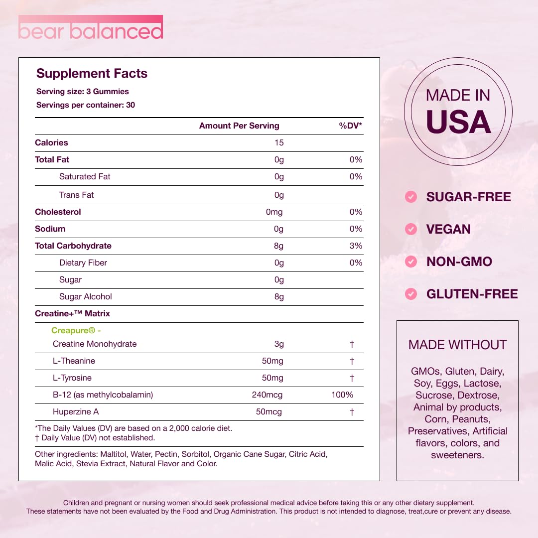 Bear Balanced Creatine Gummies with Creapure Monohydrate, L-Theanine & B12 – Focus, Energy & Strength (Vegan, Sugar-Free, Low-Calorie)