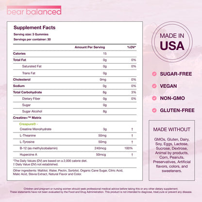 Bear Balanced Creatine Gummies with Creapure Monohydrate, L-Theanine & B12 – Focus, Energy & Strength (Vegan, Sugar-Free, Low-Calorie)