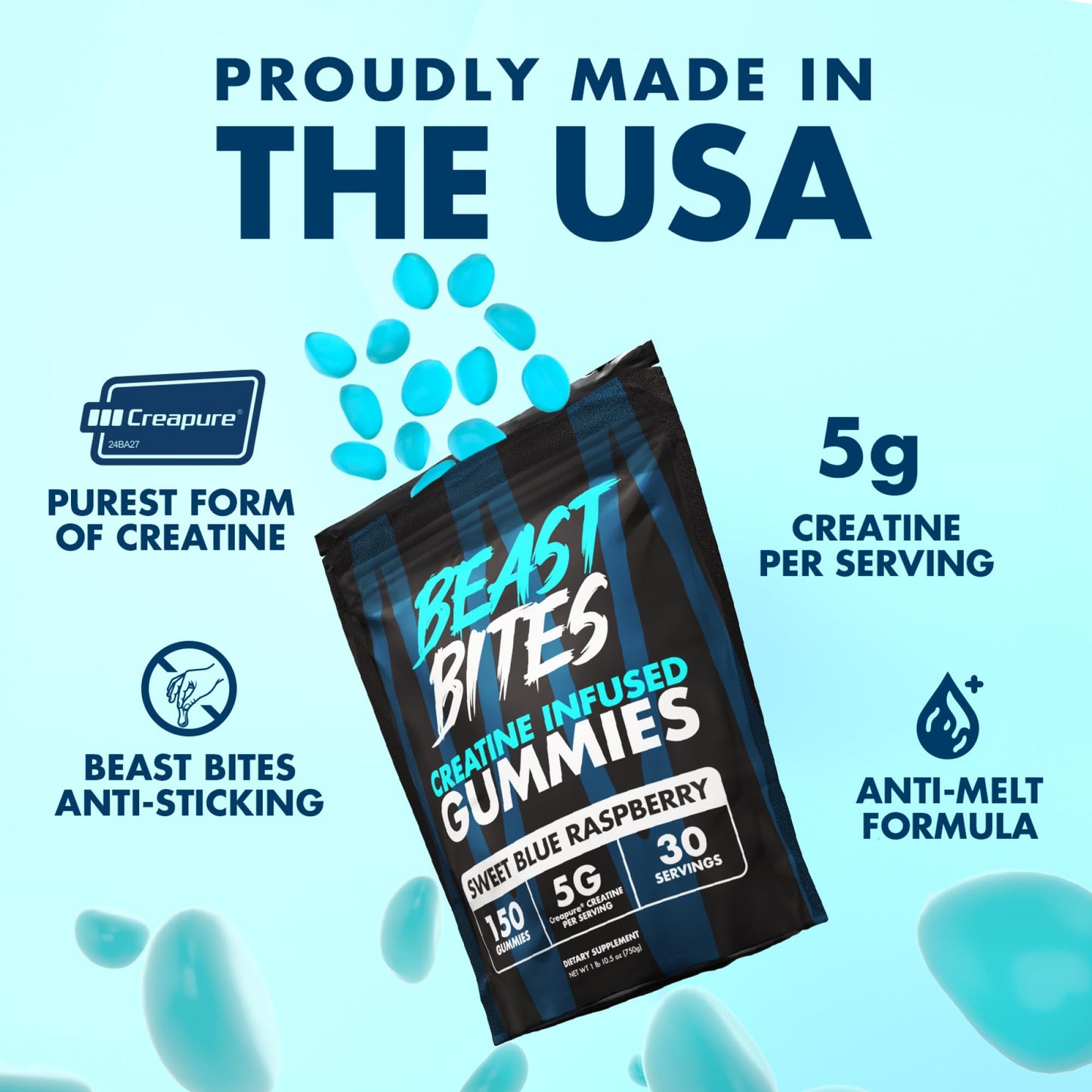 BEAST BITES Creatine Monohydrate Gummies – 5g Creapure, 150 Gummies, USA Made
