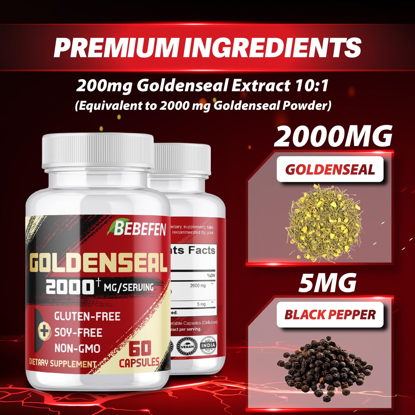 BEBEFEN Goldenseal Root Capsules 2000mg | Traditional Herb, Concentrated Extract