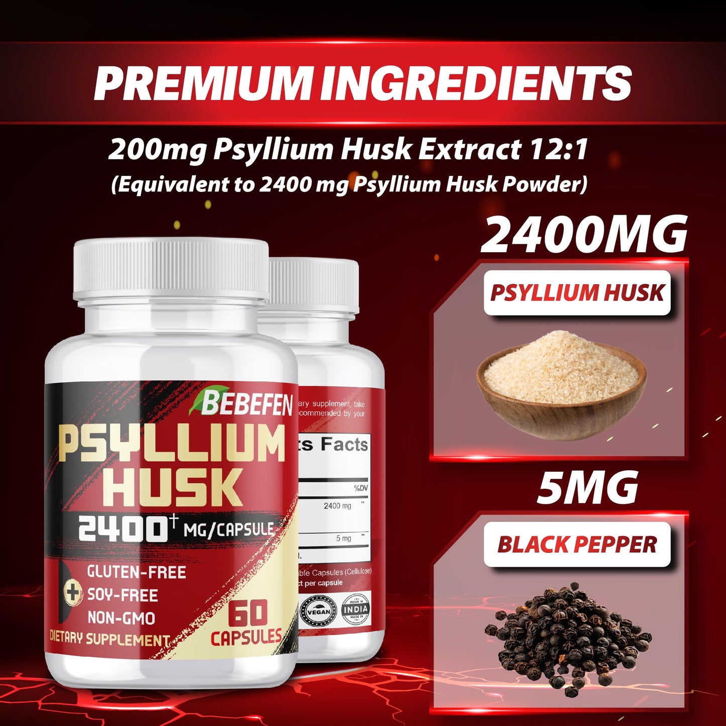 BEBEFEN Psyllium Husk Capsules 2400mg with Black Pepper – 2 Month Supply