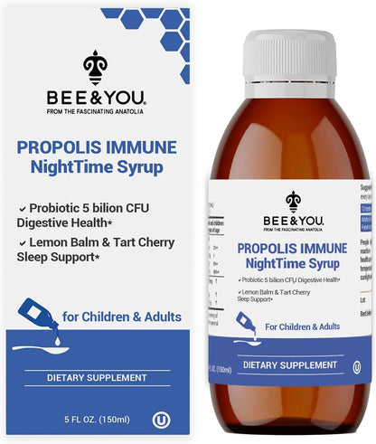 Bee and You Propolis Nighttime Syrup with Probiotic, Vitamin C, and Elderberry – Gentle Formula for Adults & Kids, 5 Fl Oz
