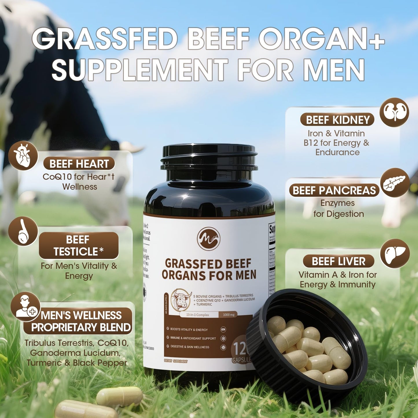 M inch Beef Organs Supplement for Men – Liver, Heart, Kidney, Pancreas with CoQ10 & Tribulus, 240 Count