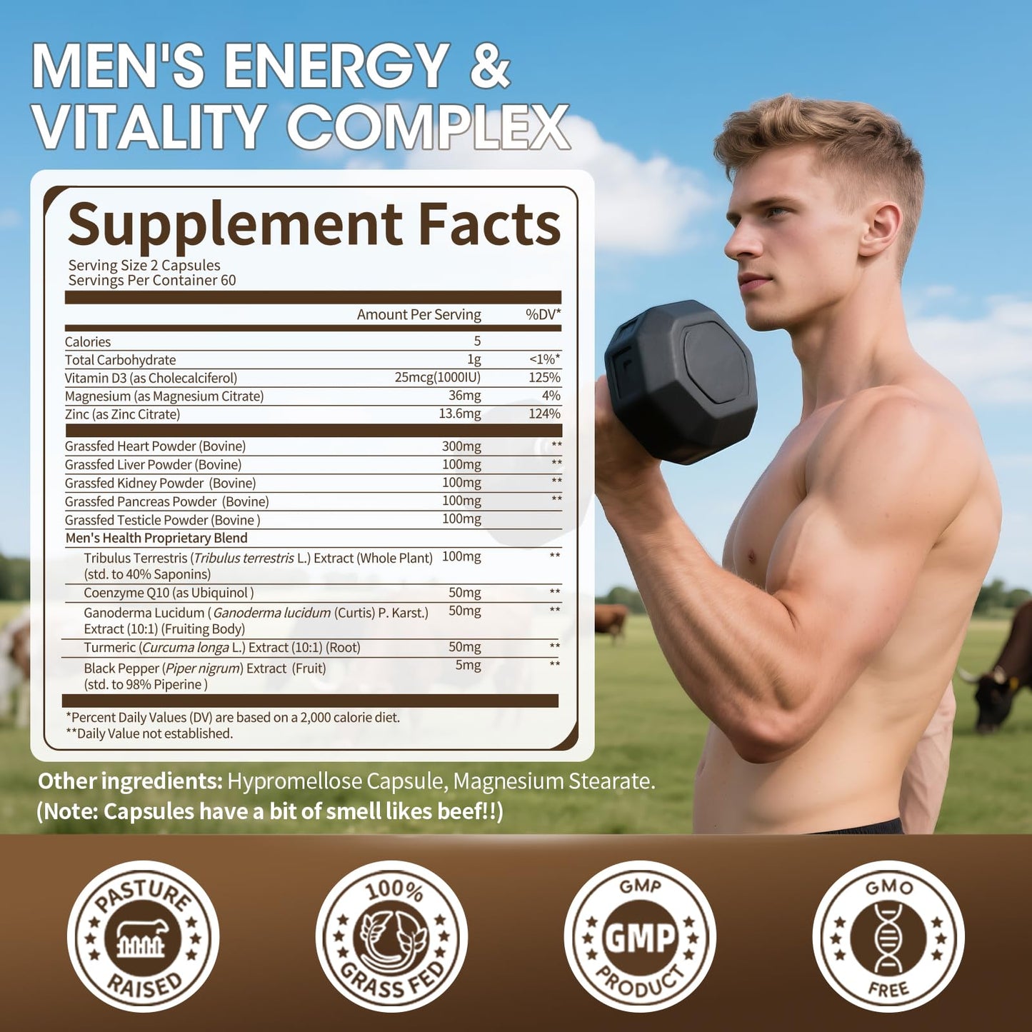 M inch Beef Organs Supplement for Men – Liver, Heart, Kidney, Pancreas with CoQ10 & Tribulus, 240 Count
