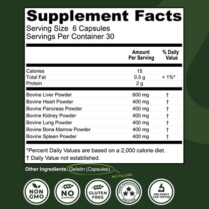 Beef Organ Supplement Grass Fed - 7-Organ NZ Complex | 180ct | Non-GMO