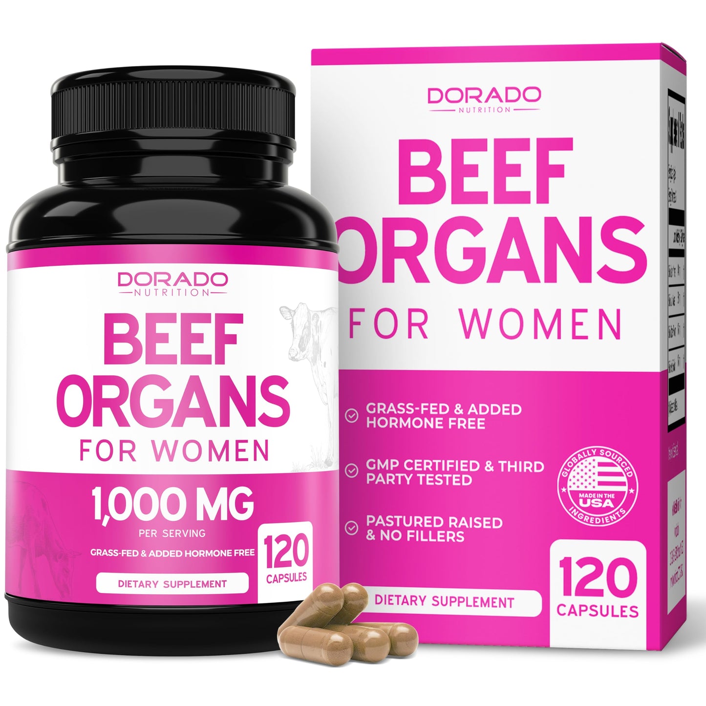 Beef Organ for Women - Grass-Fed Liver, Heart, Kidney & Uterus | 1000mg | 120 Capsules | USA Made