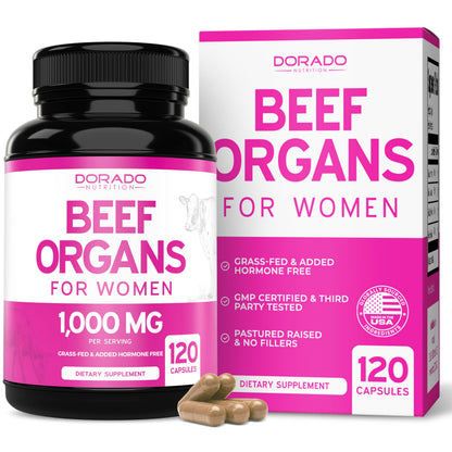 Beef Organ for Women - Grass-Fed Liver, Heart, Kidney & Uterus | 1000mg | 120 Capsules | USA Made
