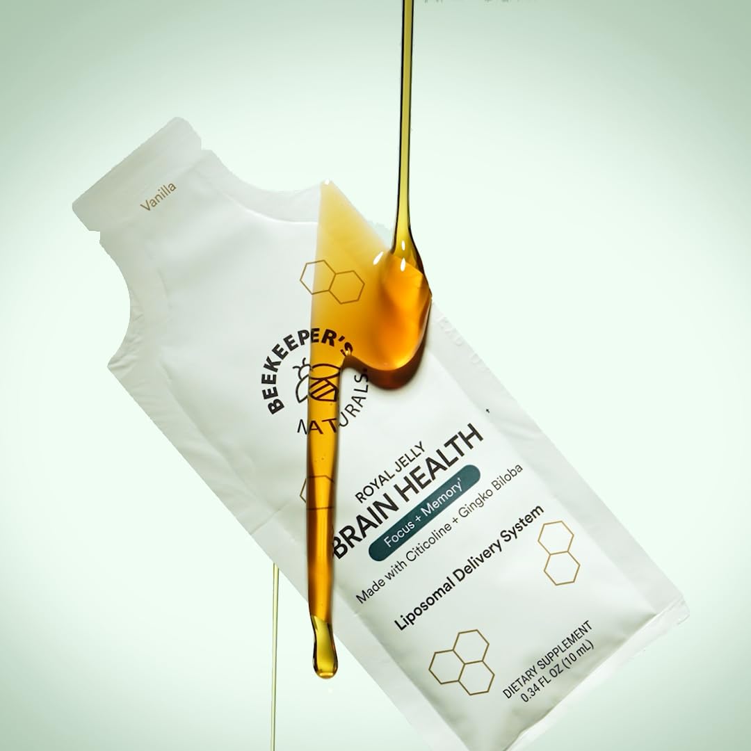 Beekeeper's Naturals Brain Nootropic Supplement - 500mg Citocoline, Ginkgo, Bacopa, Royal Jelly, Vanilla Flavor, 30ct