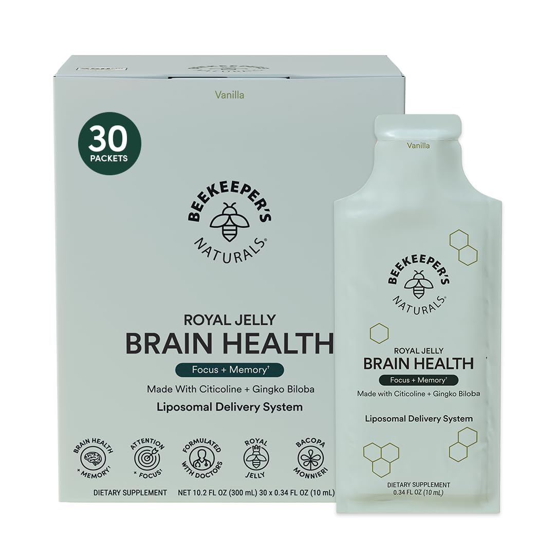 Beekeeper's Naturals Brain Nootropic Supplement - 500mg Citocoline, Ginkgo, Bacopa, Royal Jelly, Vanilla Flavor, 30ct