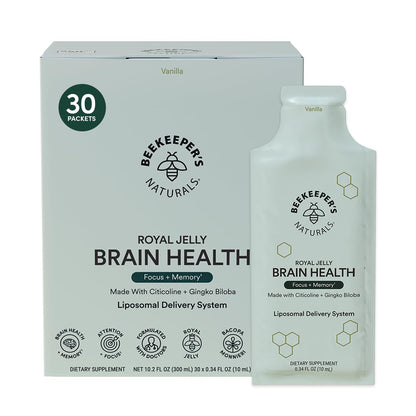 Beekeeper's Naturals Brain Nootropic Supplement - 500mg Citocoline, Ginkgo, Bacopa, Royal Jelly, Vanilla Flavor, 30ct