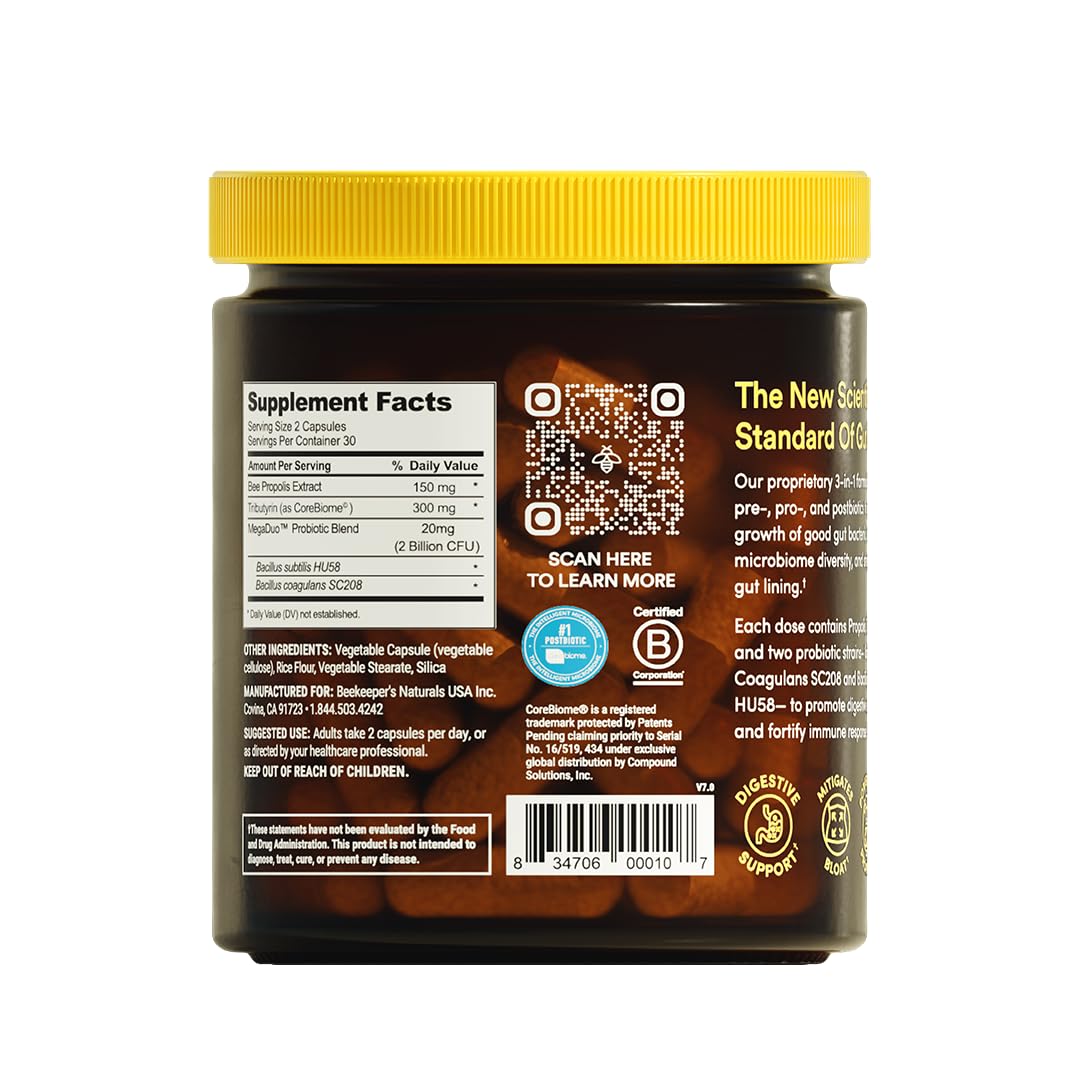 Beekeeper's Naturals Complete Gut Health - 3-in-1 Prebiotic, Probiotic & Postbiotic (60 cap)