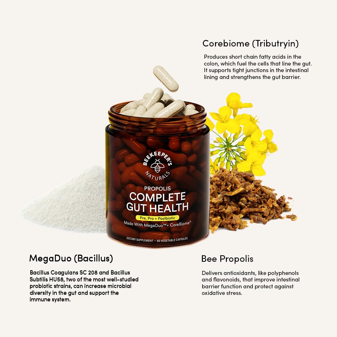 Beekeeper's Naturals Complete Gut Health - 3-in-1 Prebiotic, Probiotic & Postbiotic (60 cap)