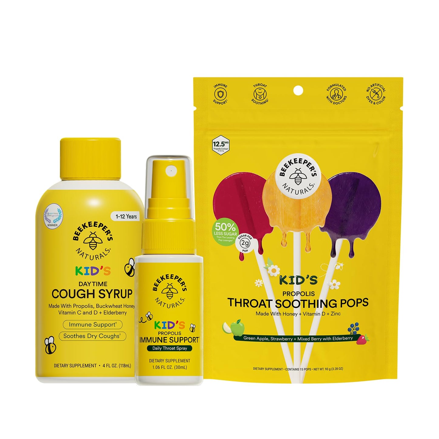 Beekeeper's Naturals Kid's Immune Support Essentials | Propolis Throat Spray, Honey Cough Syrup & Lollipops